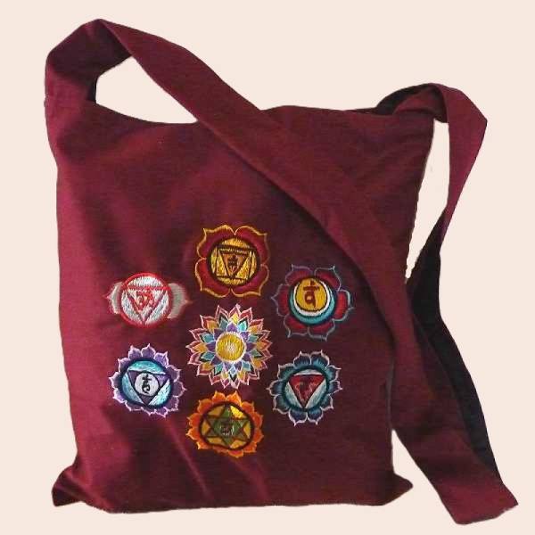 Schultertasche weinrot - Chakra Symbole