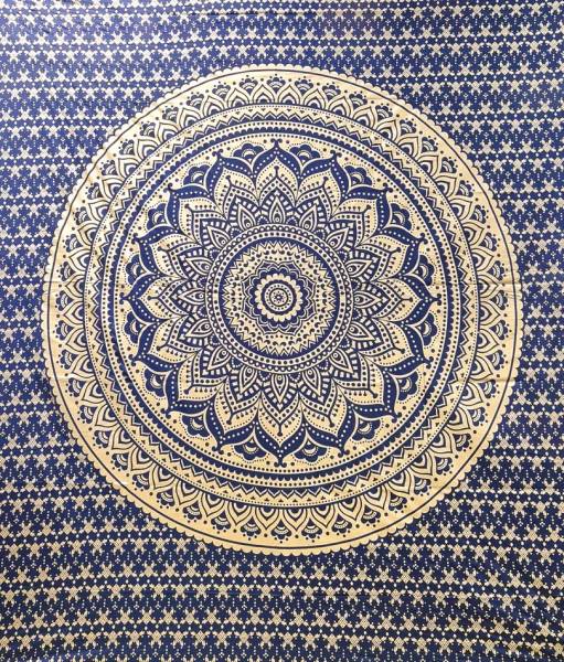 Ritualtuch Tagesdecke Wandbehang - Mandala Golddruck nachtblau - Doppelt