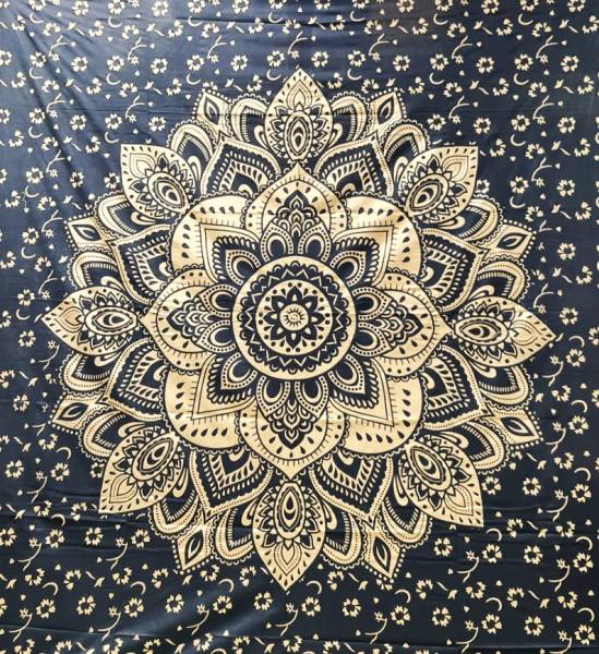 Ritualtuch Tagesdecke Wandbehang - Mandala Flower Golddruck-schwarz - Doppelt