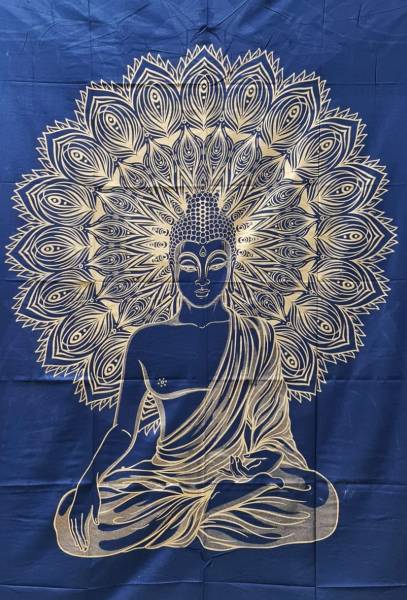Ritualtuch Tagesdecke Wandbehang - Buddha Golddruck blau - Doppelt