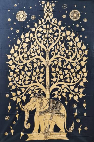 Ritualtuch Tagesdecke Wandbehang - Elefantenbaum Golddruck-schwarz - Normalgröße